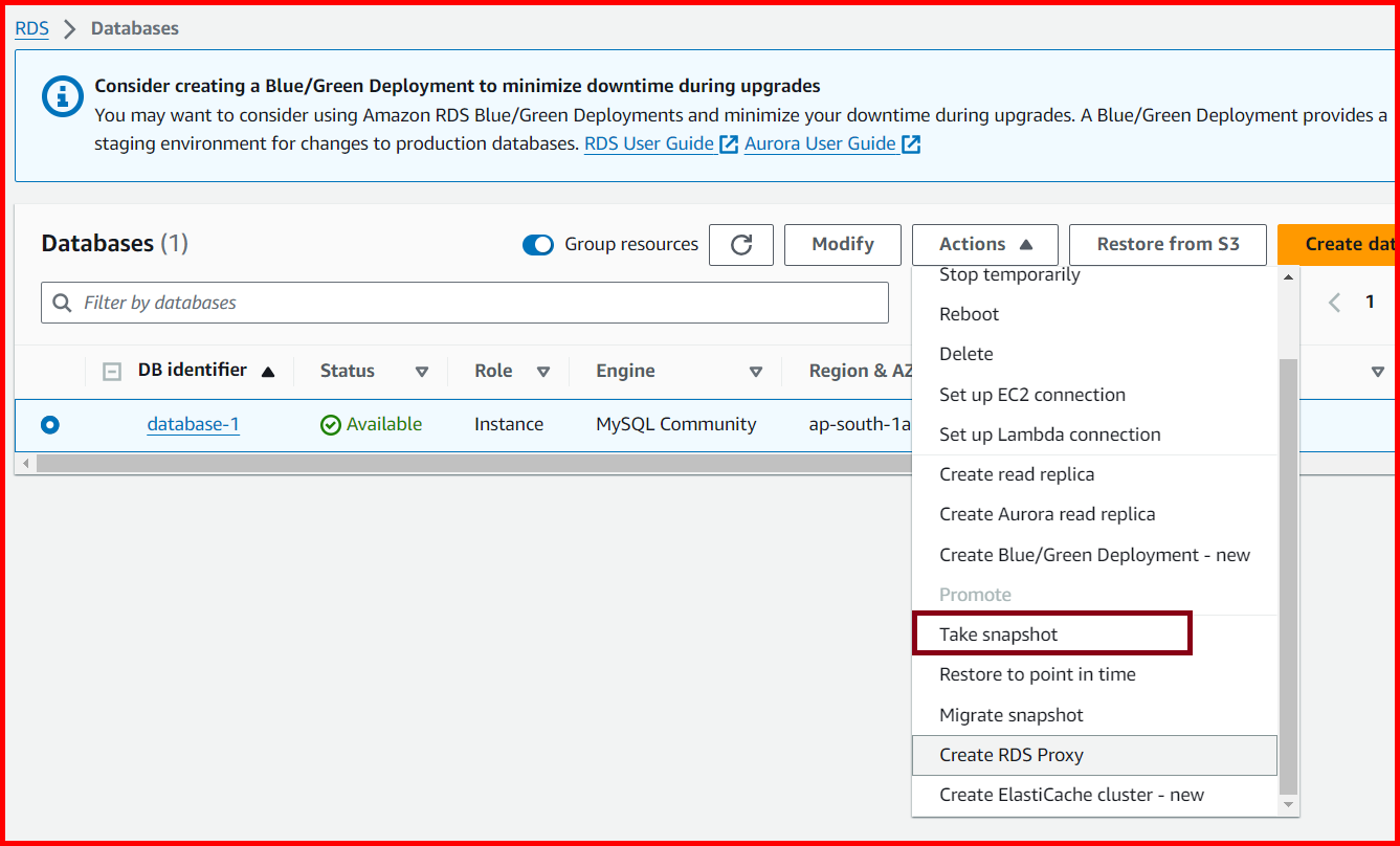 Picture showing the Take snapshot menu for taking the snapshot